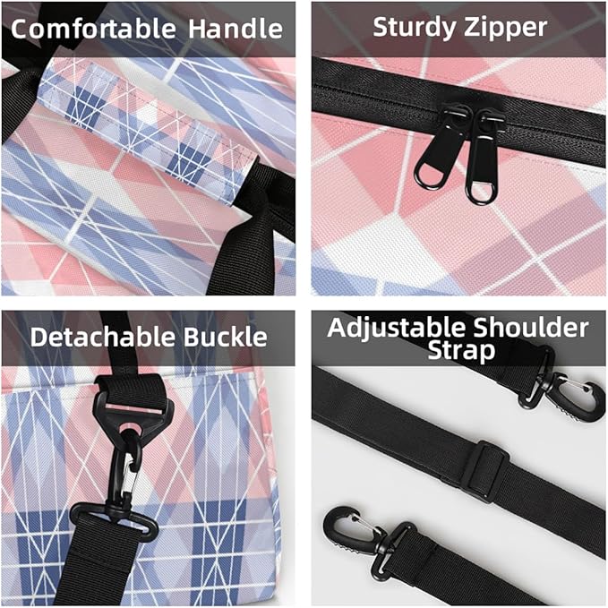 Sports Duffel Bags, Pink Blue Plaid Water-Resistant Gym Duffle Bag for Men Women, Lightweight Weekender Overnight Bag for Fitness, Workout, Travel
