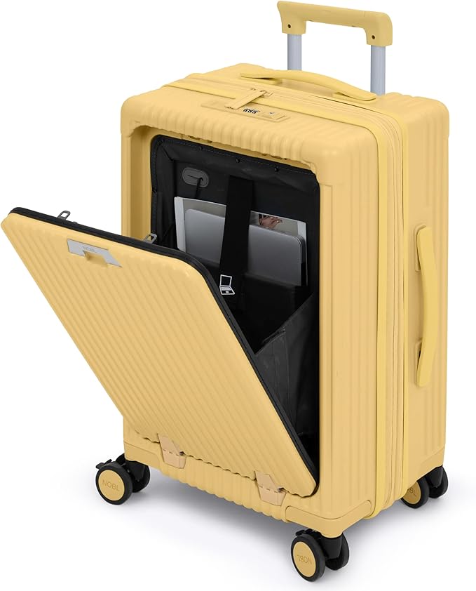 NOBL Travel Carry On Expandable Luggage, Noble Aluminum Frame PC Hard Shell Suitcase, 22.5”x14.2”x9.8” Airline Approved, 360° Spinner Wheels, TSA Lock, USB Charging, Cup & Phone Holder - Butter Yellow
