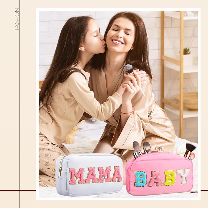 Sanwuta 2 Pieces Mama Gifts Makeup Bag Mom Pouch Birthday Gifts Nylon Cosmetic Bag Mothers Day Appreciation Toiletry Preppy Patch Chenille Letter for Women Her New Mom(White, Pink,Baby and Mama)