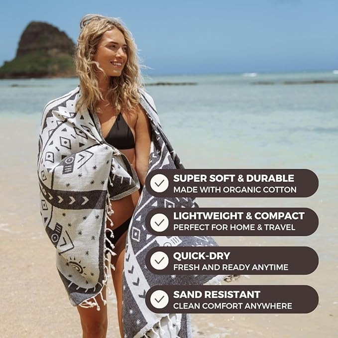 FESHKA Sand Proof Turkish Beach Towel – Oversized, Quick Dry & Lightweight Travel Towel - 100% Organic Cotton Beach Blanket - Perfect for Bath, Pool & Picnic | Gobeklitepe (Black)