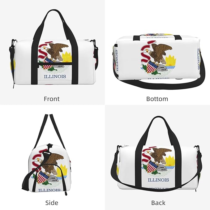 Illinois State Flag Print Gym Bag with Shoe Compartment for Women Men, 17.7in Sports Duffle Weekender Tote, Overnight Travel Duffel Bag Carry On