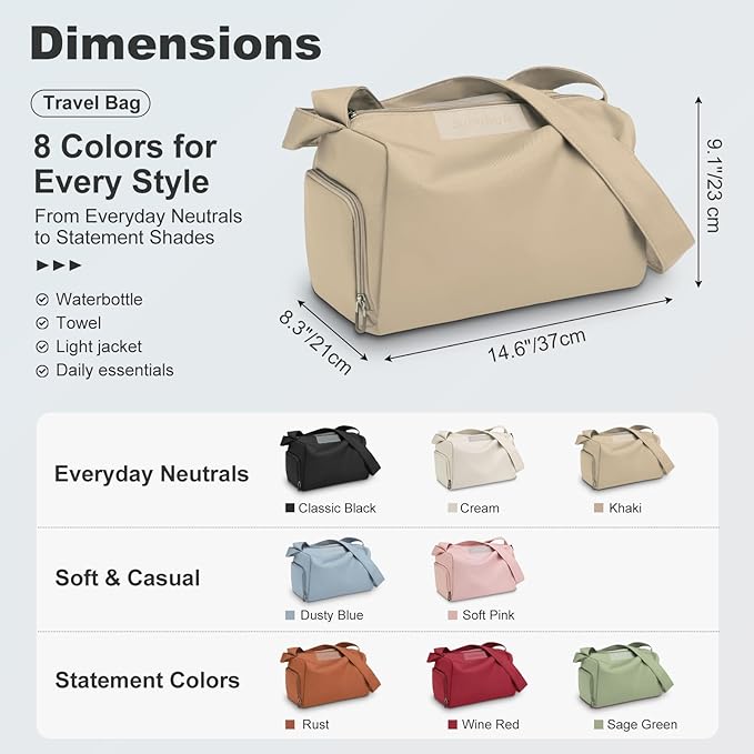 Women's Mini Gym Bag Crossbody, Everyday Sling Duffel with Shoe Compartment & Wet Pocket, Water-Resistant Travel Bag, Khaki