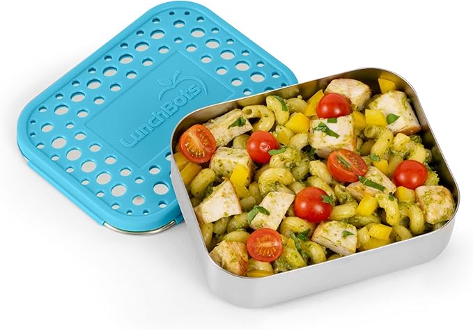 LunchBots Medium Uno Stainless Steel Sandwich Container - Open Design for Wraps - Salads or a Small Meal - Eco-Friendly - Dishwasher Safe and BPA-Free - Aqua Dots