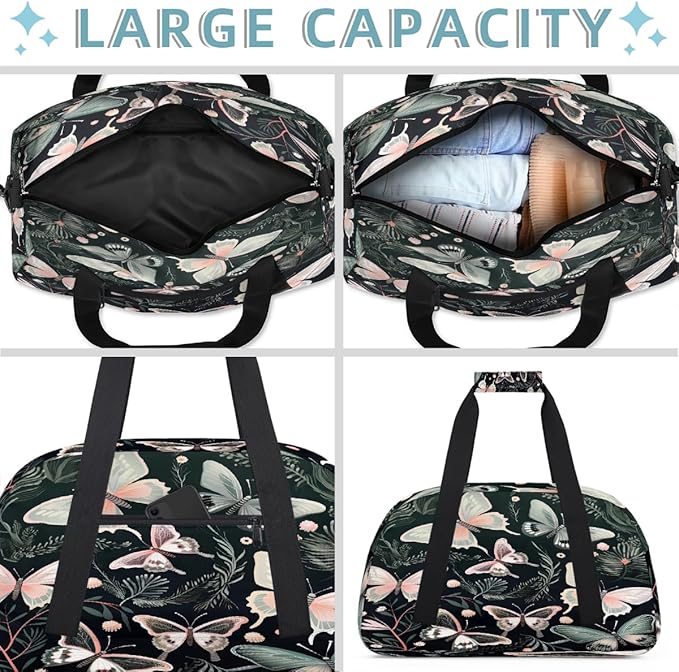 Sports Duffel Bags, Pink Green Butterfly Water-Resistant Gym Duffle Bag for Men Women, Lightweight Weekender Overnight Bag for Fitness, Workout, Travel