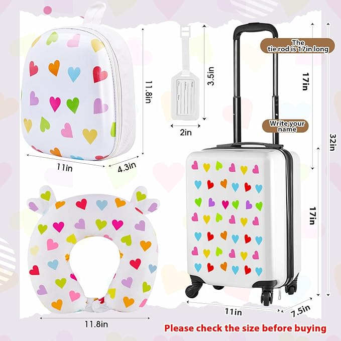 Sanwuta 4 Pcs Kids Luggage Set Rolling Suitcase Backpack U-shaped Pillow Kids Carry On Gift for Summer Travel Family Trip(17 Inch,Heart Style,White)
