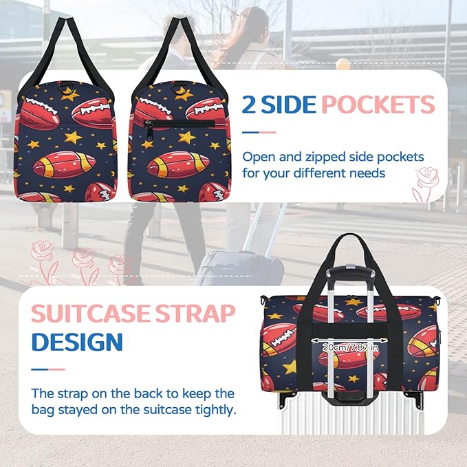 American Football Print Travel Duffle Bag for Women Men, Overnight Weekender Bag, Carry on Tote for Sport Gym