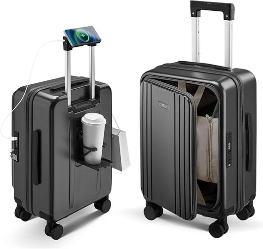Carry On Luggage Top Opening with Cup Holder & Phone Holder, Expandable PC Hard Shell Suitcase, USB Charging Port, Side Hook, 360° Spinner Wheels, TSA Lock & YKK Zippers for Women Man Gifts