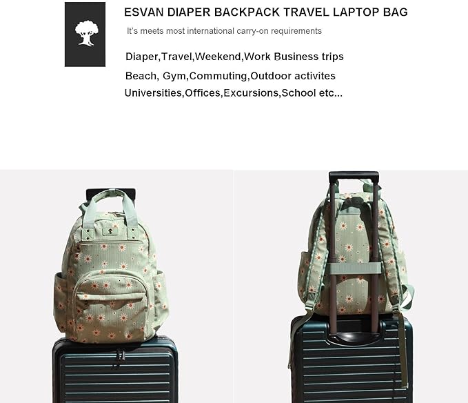 Diaper Bag Backpack, Large Capacity Multifunction Baby Essentials Fashion Travel Pack Linen Canvas office Laptop Bag (Corduroy Matcha Daisy)