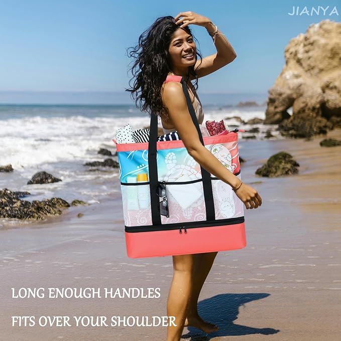 JIANYA Beach Bag Women Waterproof Sandproof Beach Tote Bags with Cooler Top Zipper Large Totes for Pool Travel Daily