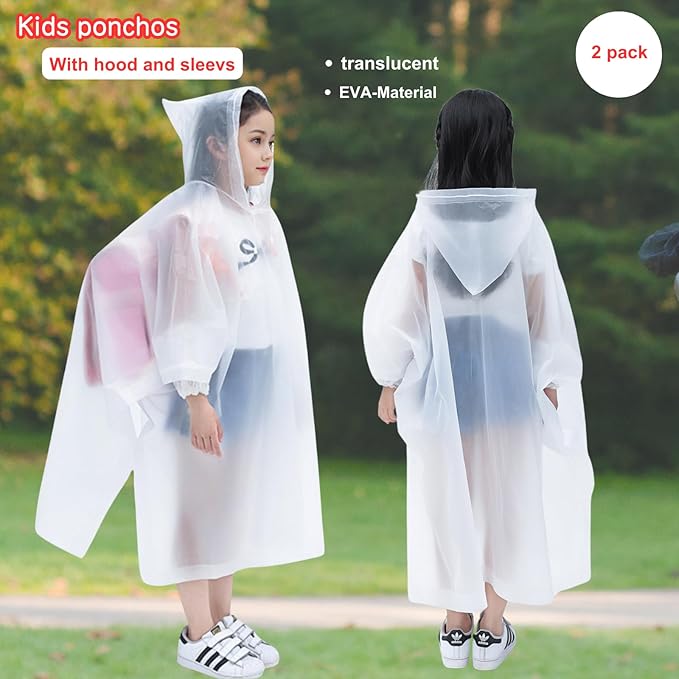 DZTSMART Reusable Waterproof Kids Rain Ponchos 2 Packs - 8-14Y, Hood & Sleeves, Park Essentials