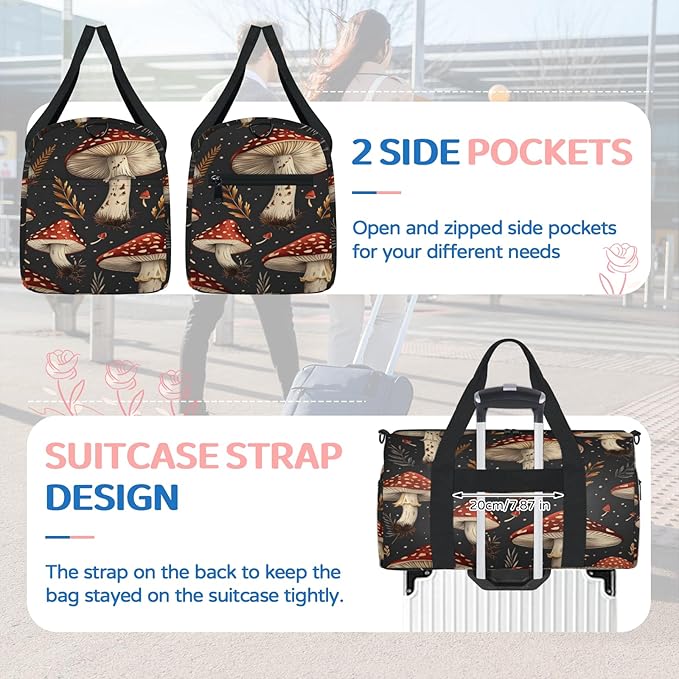 Boho Mushroom Travel Duffle Bag for Women Men, Overnight Weekender Bag, Carry on Tote for Sport Gym