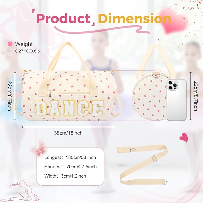 Dance Bag for Girls, KUIRAN 23L Waterproof Travel Duffel Bag with Colorful Chenille Letter, Lightweight Small Gym Sport Ballet Weekender Bag with Large Main Compartment - White/Gold