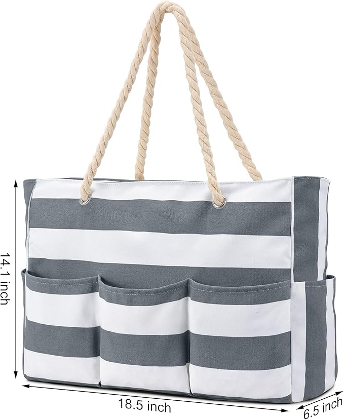 Becokan Beach Bags for Women Canvas Large Beach Tote Bag Zipper Waterproof Sandproof Foldable Swim Pool Bag with 7 Pockets