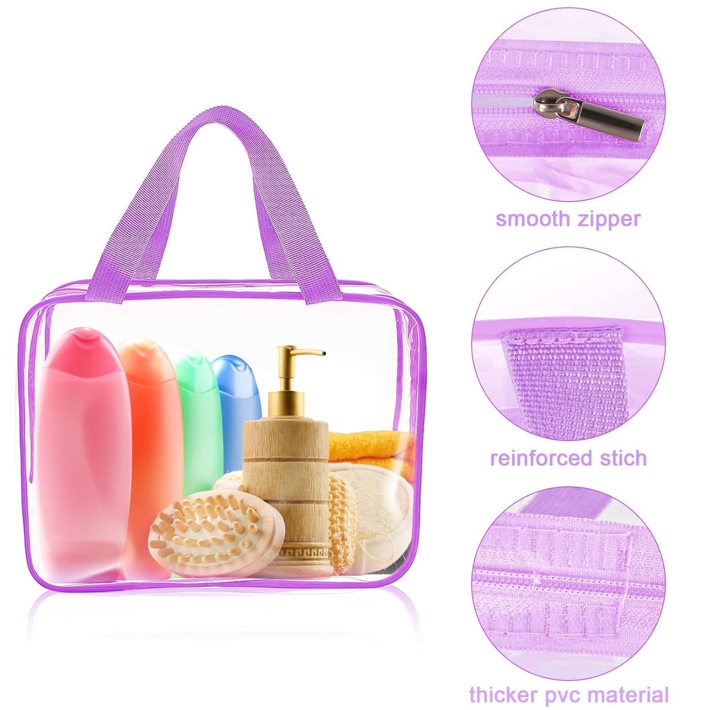 APREUTY Clear Makeup Bags, TSA Approved 6 Pcs Cosmetic Makeup Bags Set Clear PVC with Zipper Handle Portable Travel Luggage Pouch Airport Airline Vacation Organization (Purple)