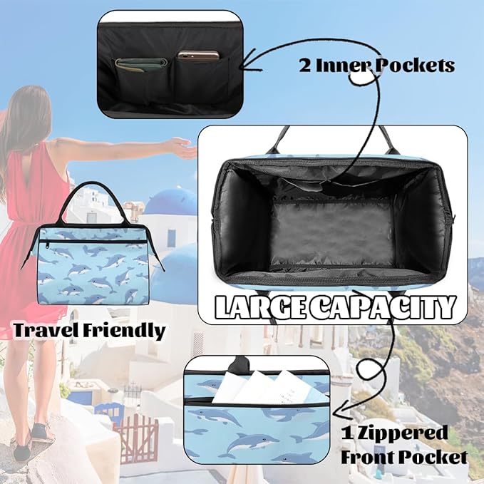 Overnight Weekender Bags for Women Men, Cute Cartoon Blue Dolphin Waterproof Travel Carry On Duffel Bag, Lightweight Sports Gym Bag for Fitness, Workout, Travel