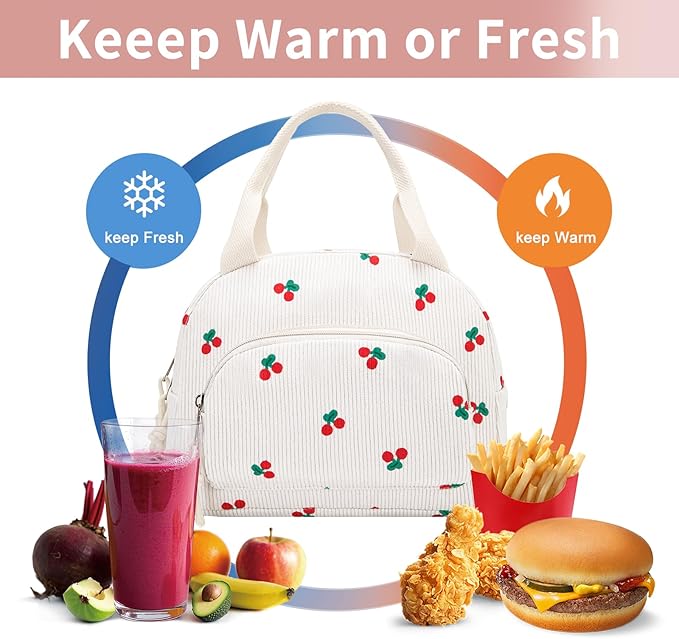 Lunch Bag Women Lunch Box for Women Adult Cute Insulated Lunch Bag Small Cooler Lunch Tote Bags for Work Picnic School (Beige-Cherry)
