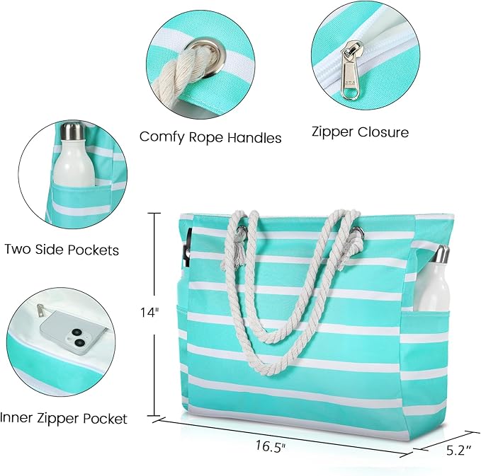 Clothirily Beach Bag for Women - Large Beach Tote Bag, Waterproof Sandproof Beach Bag with Zipper, Large Swim Pool Beach Tote