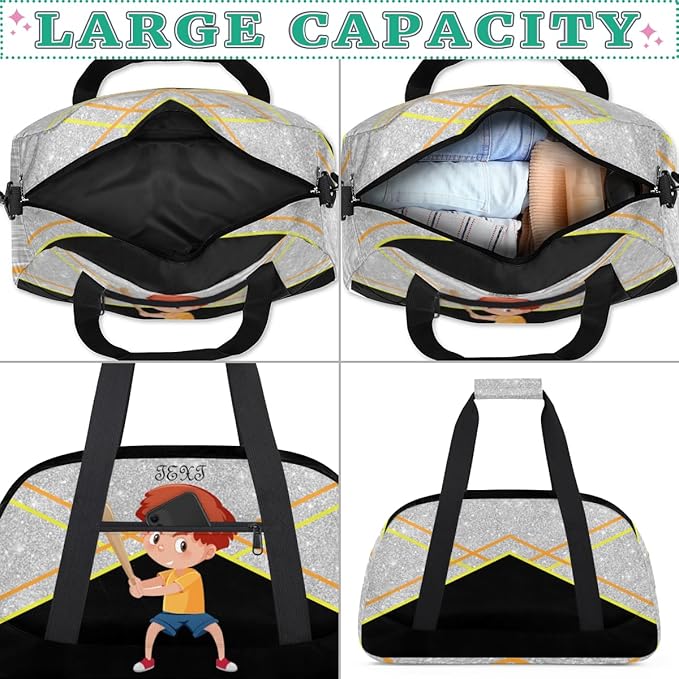 Custom Name Black Baseball Boy Gym Travel Duffle Bag with Front Zipper Pocket Personalizedfor Sports Bag for Overnight, Weekender, Carry On,Workout & Dance, 18.9 * 8.7 * 10.6 in