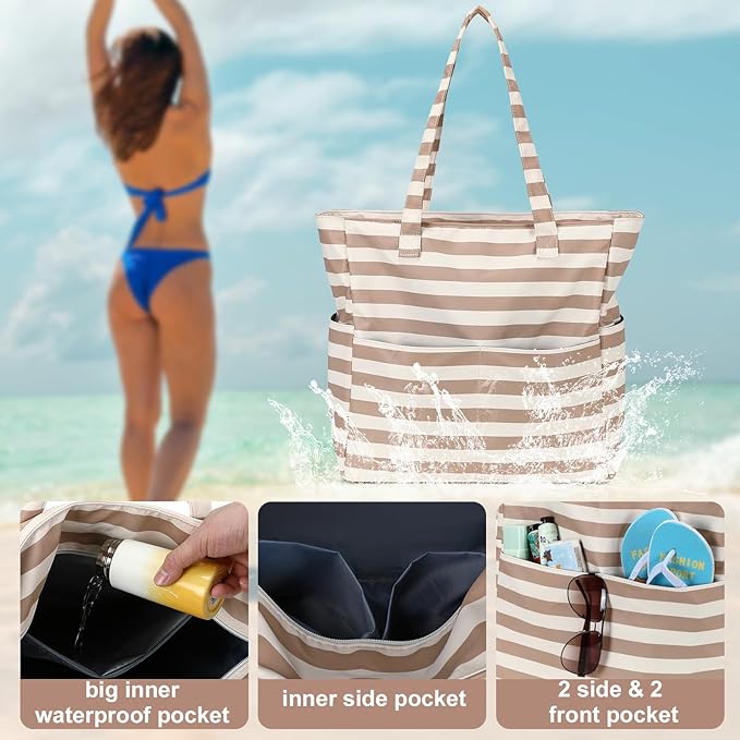 LEDAOU Large Beach Bag Women Waterproof Sandproof Zipper Beach Tote Pool Bag for Swim Gym Grocery Travel with Wet Pocket | Waterproof, Sandproof, Zipper, Pool, Gym, Grocery