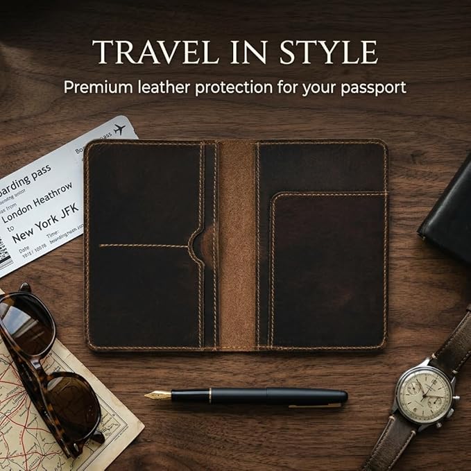 Rustique Leather Passport Holder Collection - Handmade Travel Wallet & Organizer - Full Grain Crazy Horse Leather Covers for Men & Women (Multiple Styles) (Document Organizer - Smoky Bourbon)