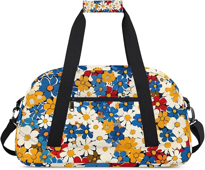 Flower Floral Gym Travel Duffle Bag for Women & Men with Front Zipper Pocket for Sports, Overnight, Weekender, Carry On,Workout & Dance Bag,Cute Blue Red White Yellow,18.9 * 8.7 * 10.6 in