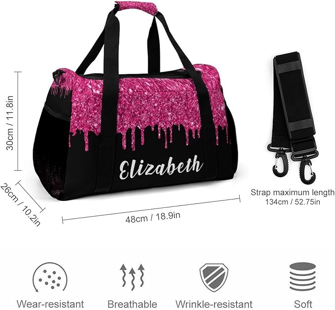 Personalized Name Travel Bag Sports Player Duffel Bags Pink Fuchsia Sequin Glitter Print Perform Training Bag for Men Women Adjustable Shoulder Strap