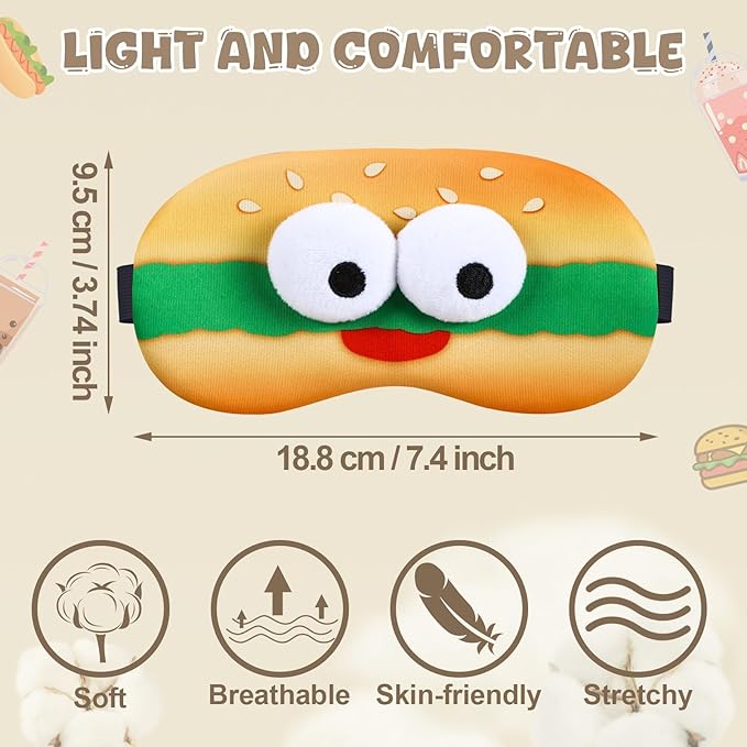 4 Pcs Funny Food Eye Mask Cute Fast Food Sleeping Mask 3D Plush Eye Masks Hamburger Hot Dog Milk Tea Fluffy Eyeshade with 3D Doll Eyes for Women Men Travel Nap Night Sleep
