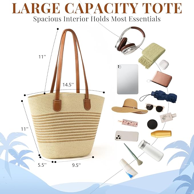 Trifabricy Beach Bags for Women, Summer Straw Beach Bag Straw Purse Shoulder Handbags Large Beach Tote for Summer Vacation
