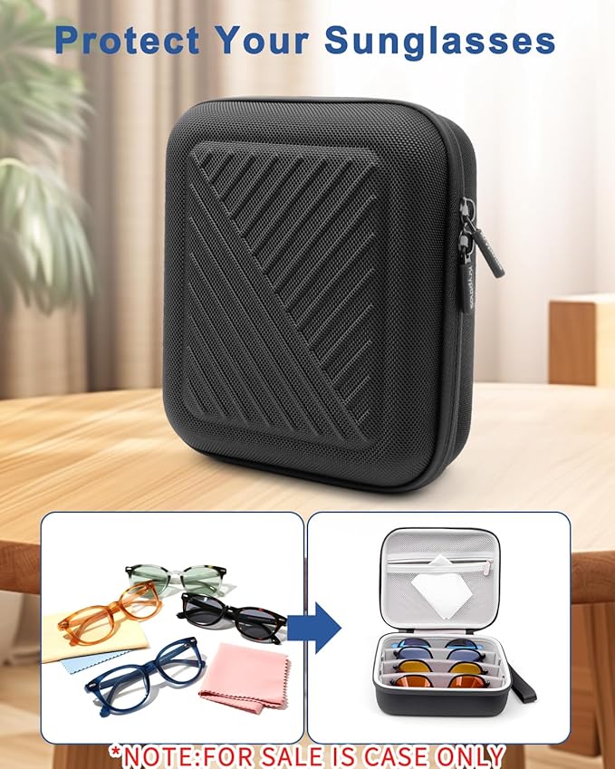 Krypthos Travel Sunglasses Organizer Case, Portable Eyeglasses Storage Box, Adjustable Multi-Compartments & Crushproof Design, Holds Up to 4 Pairs, Eyewear Display Case for Men Women