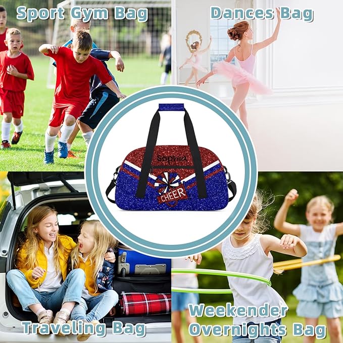 Personalized Red Blue Glitter Cheer Bag for Cheerleaders, Custom Sport Gym Bag Dance Bag Travel Duffle Bag Cheerleading Gifts for Women