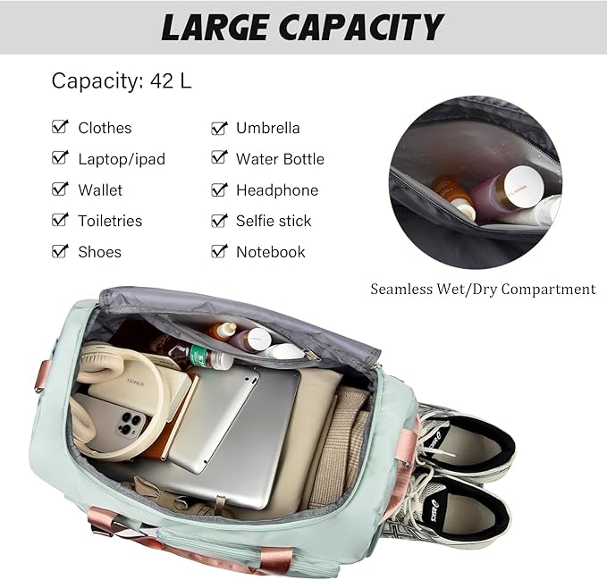 Eslcorri Gym Duffle Bag for Women Men, Sports Backpack with Wet & Shoe Compartment, Fitness Overnight Weekender Bag for Yoga, Swim, Travel (Style B, Pink)