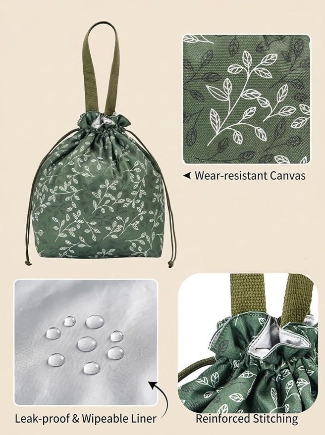 Reusable Small Lunch Bag,Drawstring Lunch Bag,Insulated Handbag Tote bag with Handle (New Leaf Green)