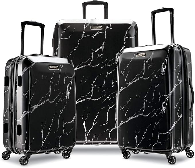 American Tourister Moonlight Hardside Expandable Luggage with Spinner Wheels, Black Marble, 3-Piece Set (21/24/28)