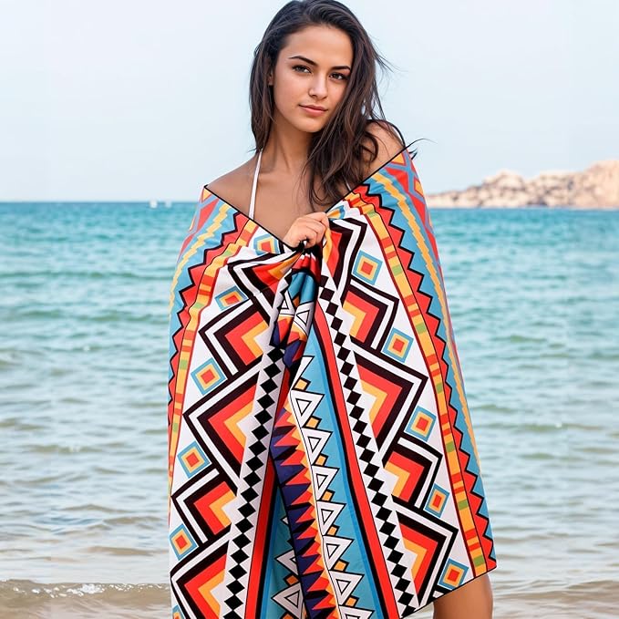 Oversized Microfiber Beach Towel Thin, Abstract Geometric Boho Style Double Sided Printed Absorbent Compact Towel, Large Soft Swim Beach Towels for Women Adult Men, Summer Lake Pool Bath, 35"x71"