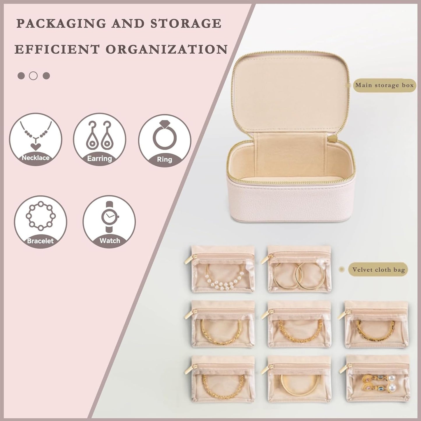 Jewelry Box Organizer for Women,Small Travel Jewelry Case,Mini Travel Jewelry Organizer with 8 Velvet Jewelry Zipper Pouches, Jewelry Box Organizer for Teacher Gifts Wedding Gifts(Off White)