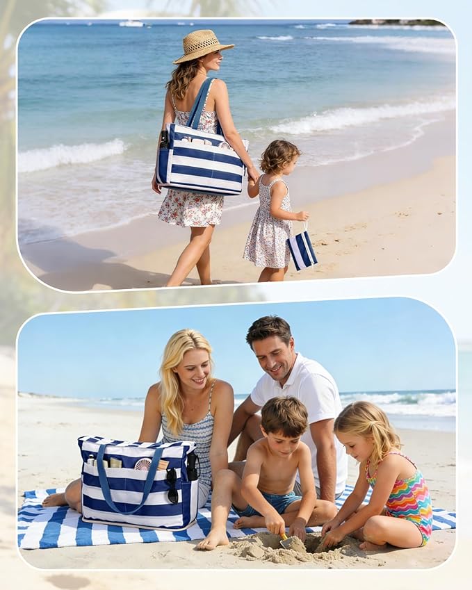WANDF Beach Bags for Women, Large Waterproof Sandproof Beach Tote Bag with Zipper Family Pool Bags with 40oz Tumbler Pocket, Swim Cruise Vacation Essentials (Navy Blue) | 40oz Tumbler Pocket