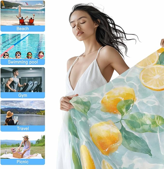 Watercolor Lemon Beach Towel 30" x 60" Summer Fruit Water Waves Lake Quick Dry Sand Free Pool Towels Soft & Absorbent Compact Towels Beach Accessories for Travel Bathroom Swimming Pool