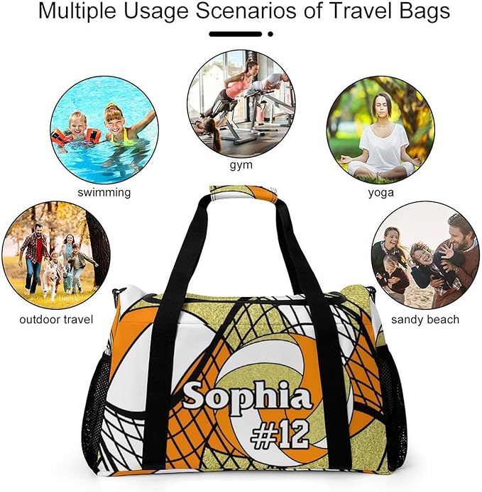 Custom Volleyball Orange Gold Duffel Bag with Name Personalized Travel Bags Sport Gym Bag Carry On Weekender Bags for Men Women