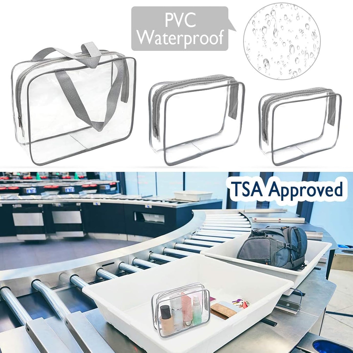 APREUTY Clear Makeup Bags, TSA Approved 6Pcs Cosmetic Makeup Bags Set Clear PVC with Zipper Handle Portable Travel Luggage Pouch Airport Airline Bags Bathroom (Gray)