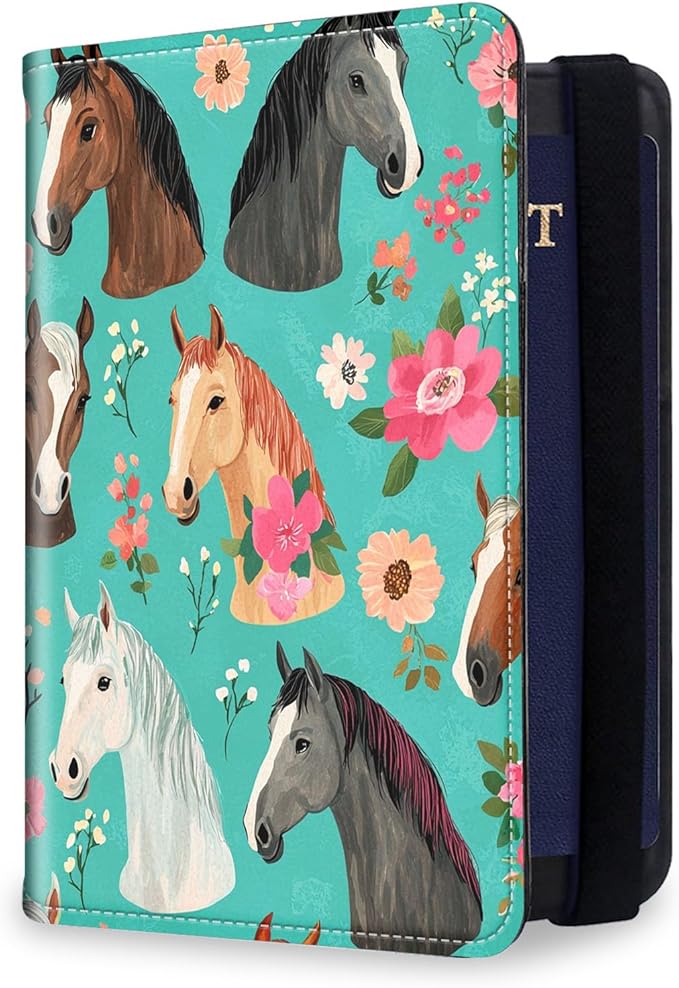 RFID Security Premium Passport and Travel Document Holder Combo, Slim PU Leather Folio Wallet with 3 Card Slots & Boarding Pass Pocket, Secure Elastic Closure Organizer, Horses in Teal with a Floral