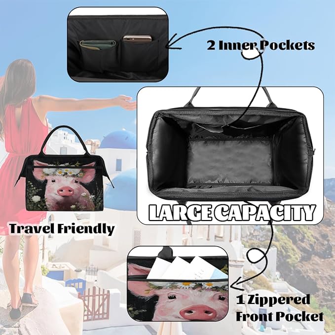 Overnight Weekender Bags for Women Men, Cute Pink Pig With White Flowers Waterproof Travel Carry On Duffel Bag, Lightweight Sports Gym Bag for Fitness, Workout, Travel