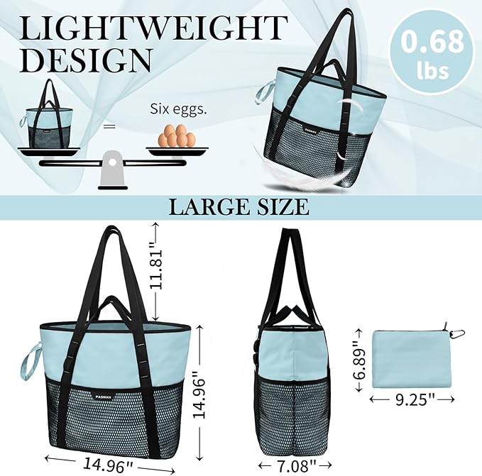 Large Beach Bag with Zipper-8 Pockets Sandproof Beach Tote Bag for Women,Foldable Lightweight Family Swim Bag Vacation