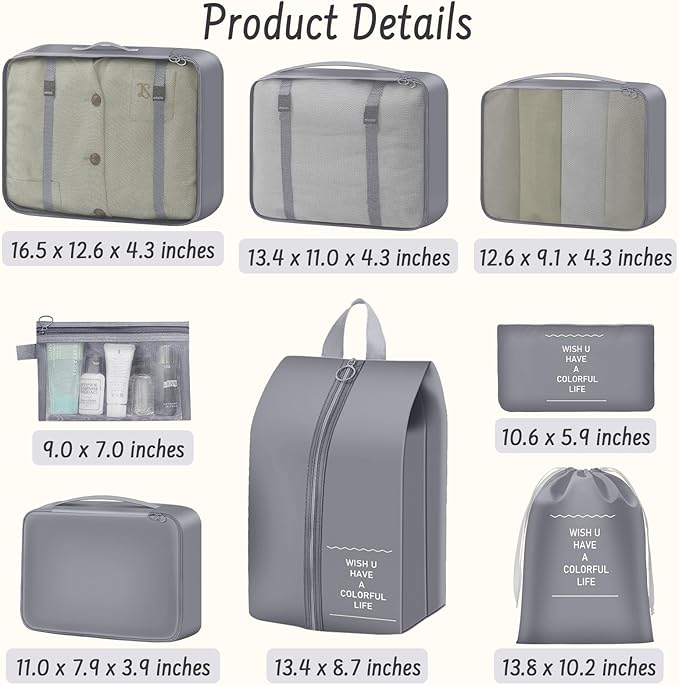 8 Set Packing Cubes for Travel Luggage Organizer Bags for Family, Mesh Packing Cubes for Suitcases, Travel Essentials Bags Set for Women & Men
