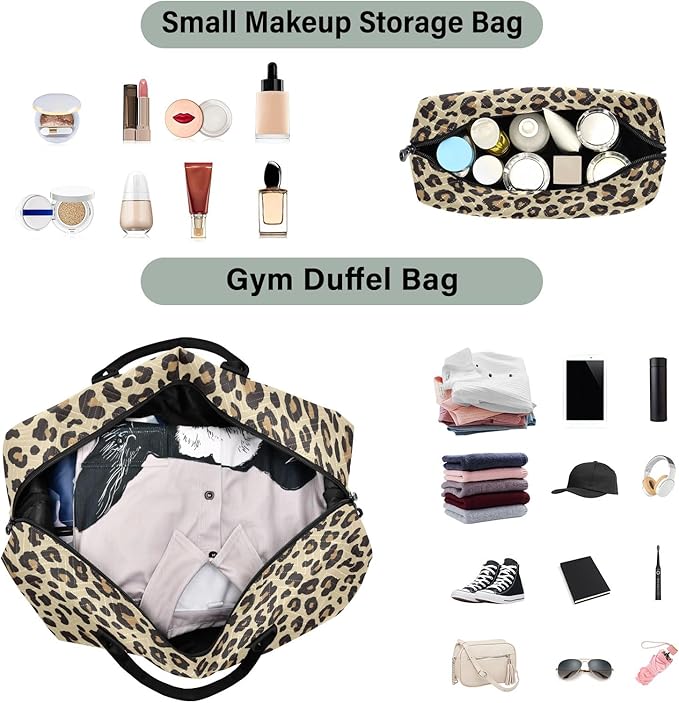 Travel Duffle Bag, Brown Leopard Print Gym Bag with Storage Bag Weekender Overnight Bag for Men Women Trip Sports Yoga