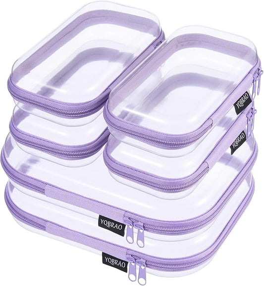 6 Pack Clear Hard Shell Zipper Case, Hard Plastic Organizer Pouches for Travel, Small Items, Makeup, Electronics & Art Supplies - Crush-Resistant & Waterproof Storage (Purple)