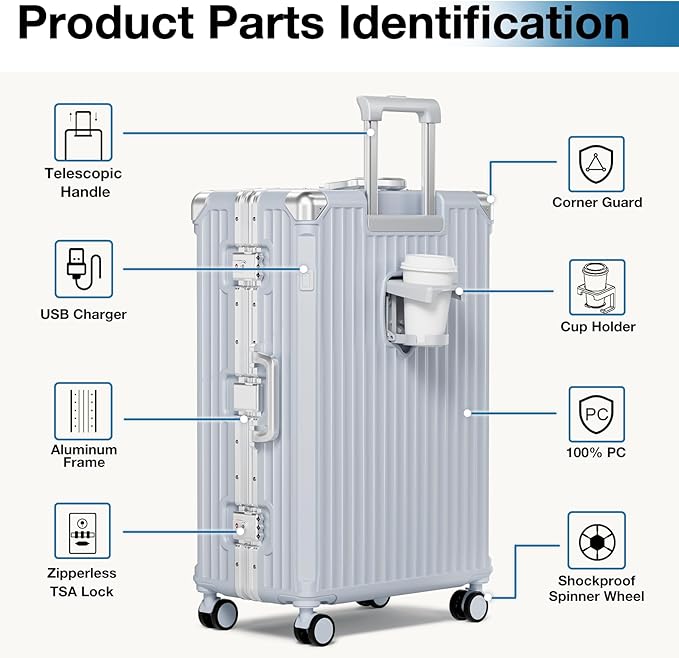 Krute Aluminum Frame Luggage 28 Inch Checked Suitcase With Wheels No Zipper PC Hard Shell Suitcases with Cup Holder and Charger Zipperless Large Travel Luggage