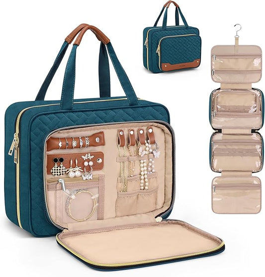 Wedama Toiletry Bag for Women, Hanging Travel Toiletry Bag with Jewelry Organizer Compartment Large Makeup Bag, PVC Waterproof Cosmetic Travel Bag for Travel Business Trips Camping Bathroom, Blue