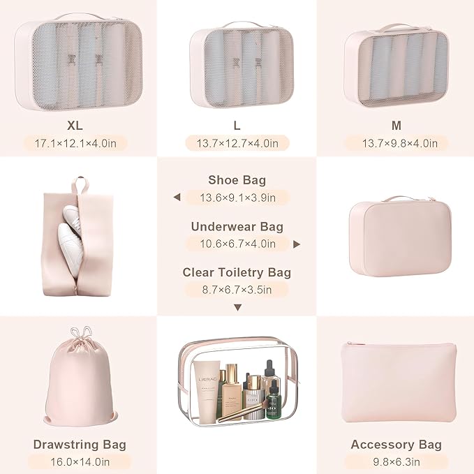 8 Set Packing Cubes for Travel with Clear Toiletry Bag, Durable Luggage Packing Organizers, Carry-On Accessories, TSA Approved See-Through Cubes, Space-Saving Storage Bags, Gifts for Women