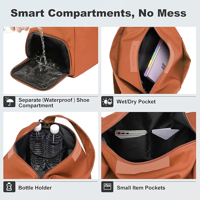 Women's Mini Gym Bag Crossbody, Everyday Sling Duffel with Shoe Compartment & Wet Pocket, Water-Resistant Travel Bag, Rust Orange