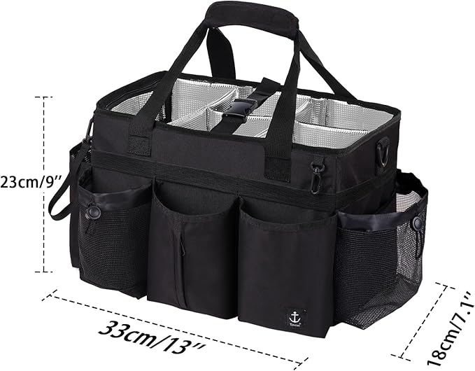 Large Wearable Cleaning Caddy Bag with Detachable Divider, Cleaning Organizer with Handles, Cleaning Supply Tote with Adjustable Shoulder Strap&Waist Belt for Cleaners & Housekeeper (Black)